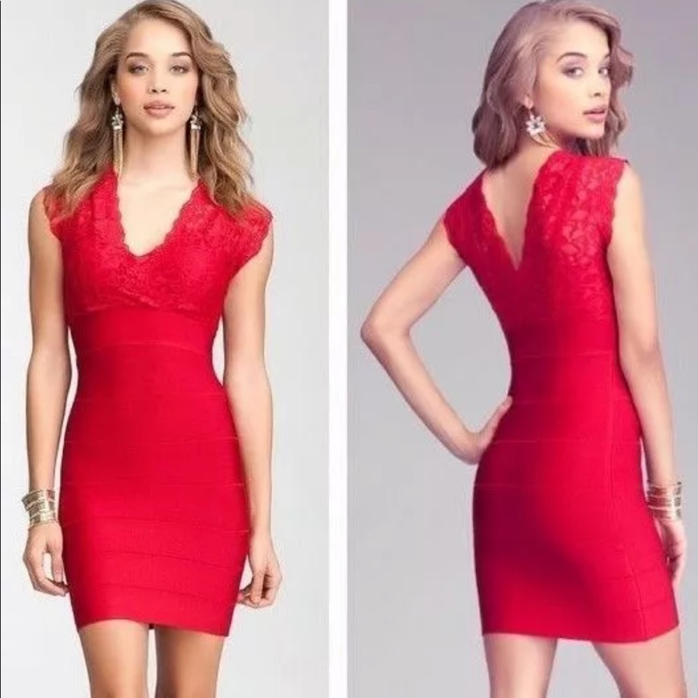 Bebe Red V-neck Lace Bandage Dress
